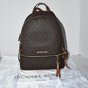 Michael Kors Signature Logo Rhea Zip Medium Backpack in Brown # 30S7GEZB1B NWT